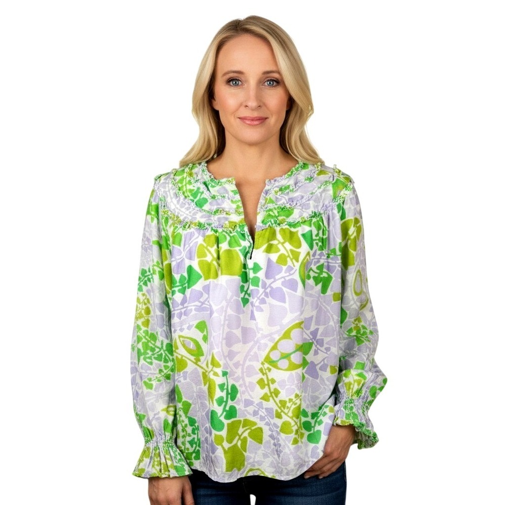 CK Bradley Women's XL Blouse Long‎ Sleeve Floral Print Purple Green Ruffled Neck